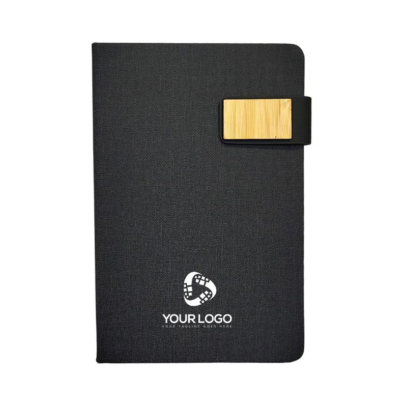 Black - RPET Fabric Notebook With Bamboo Magnetic Enclosure & Pen Loop With Logo